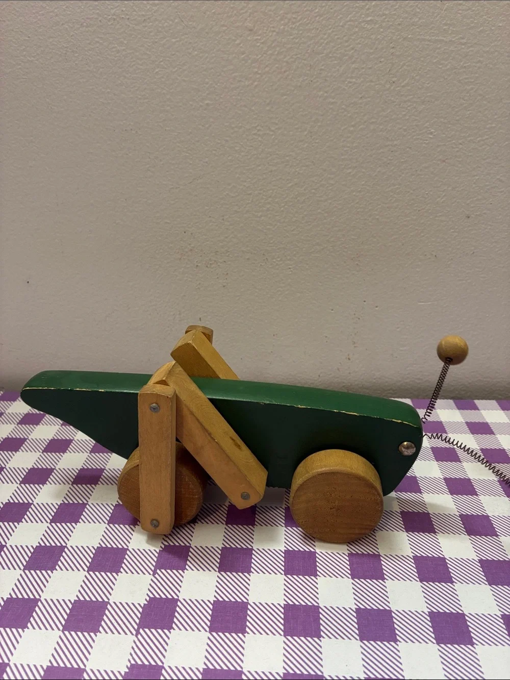 Vintage Playskool Wooden Ring Stacker & Pull-Along Cart - Grasshopper